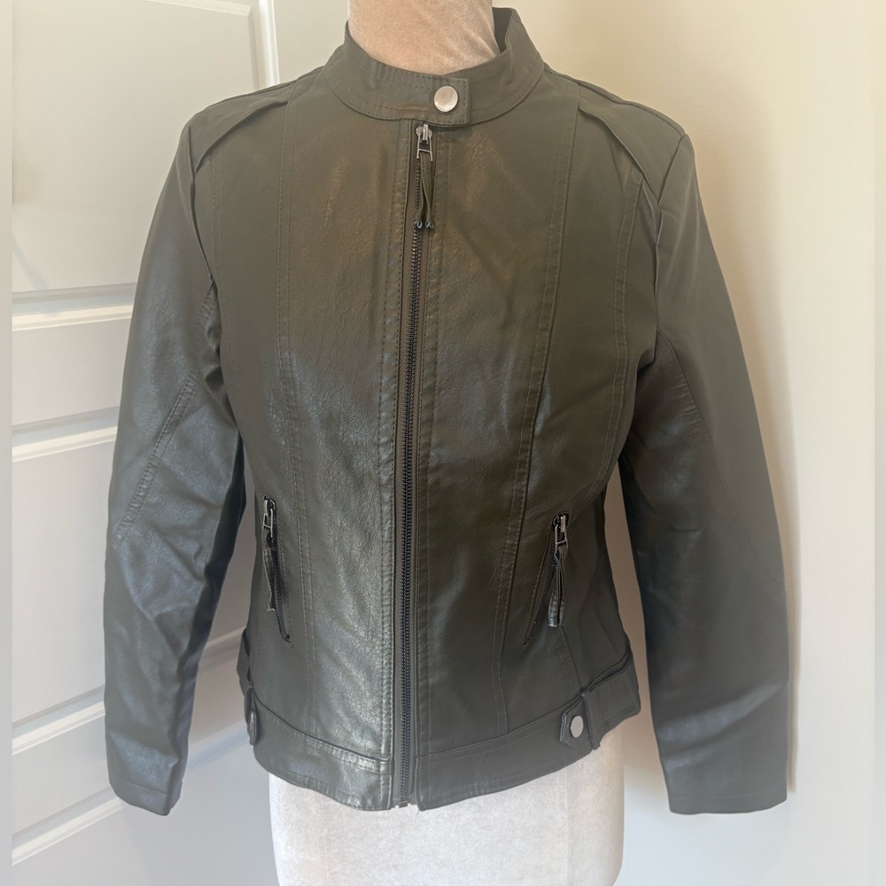 NWT Blue B Collection Olive Faux Leather Moto Jacket M
